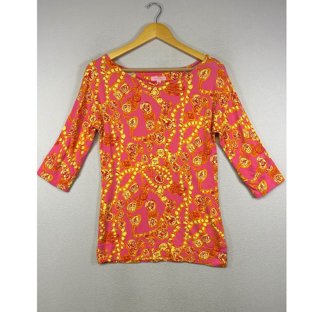 Preppy Lilly Pulitzer Women M Pink Orange Chain Coin Print 3/4 Slv Boatneck Top
